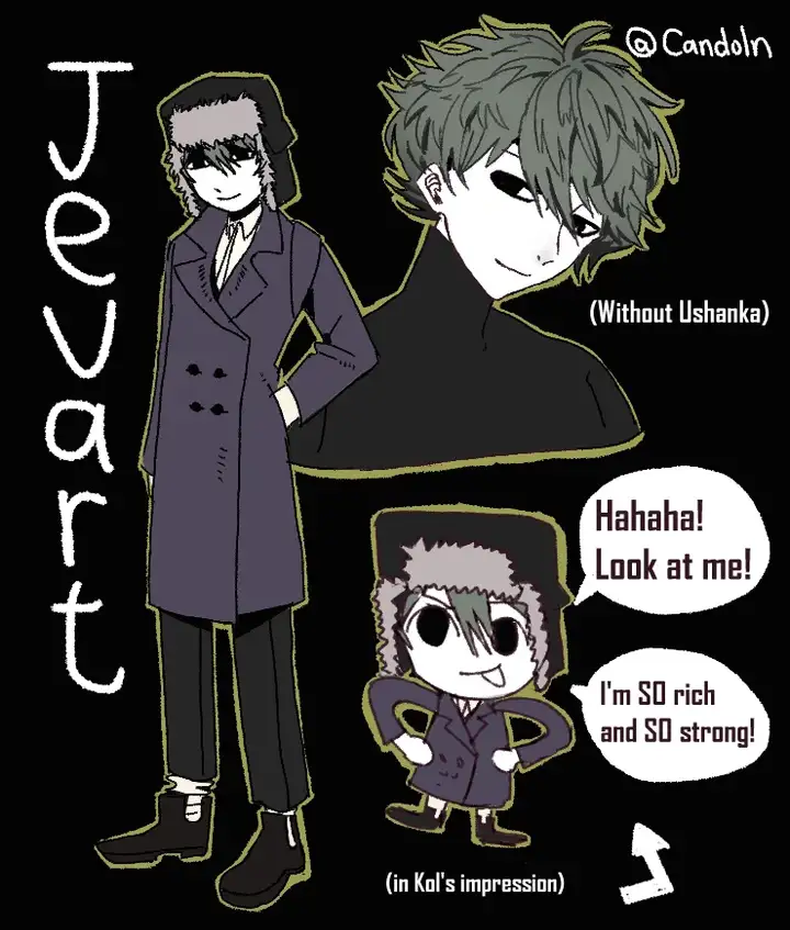 An OC sheet of Jevart, who has dark-green hair and a ushanka.