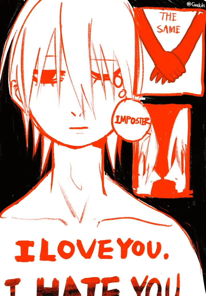 Stylized poster showing a shirtless man with text 'I love you/I hate you' on his chest, a prosthetic eye saying 'imposter', and adjacent images of two identical men holding hands and staring.