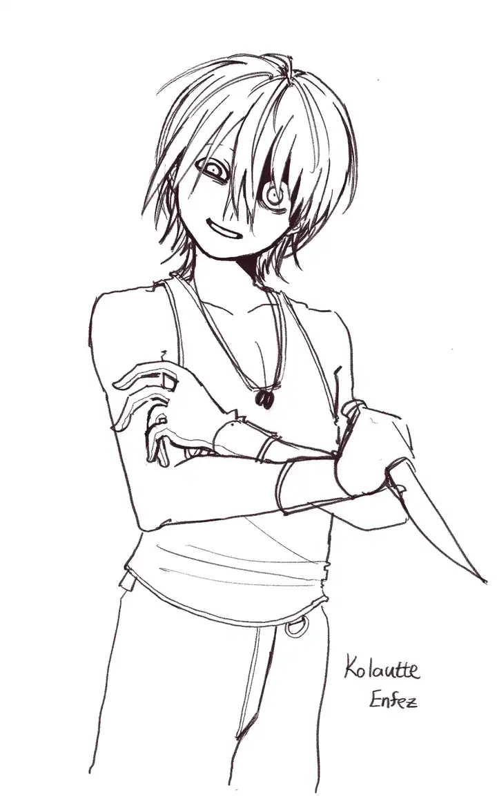 Kolautte is holding his knife with smile.