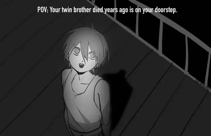 A horror POV illustration from a top-down view, showing a smiling boy at a doorstep whose shadow is headless, with text above reading 'POV: Your twin brother died years ago is on your door step'.