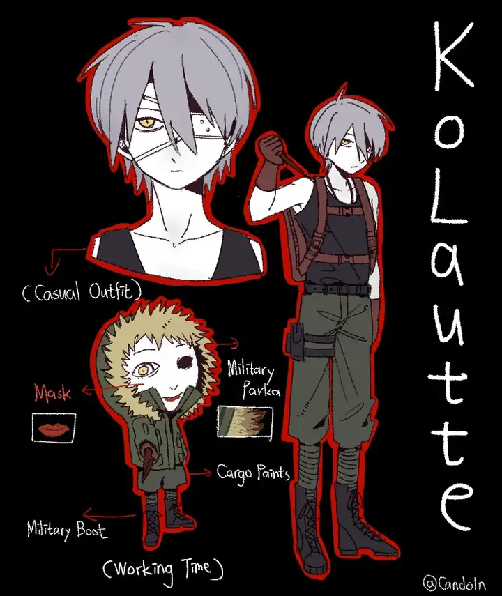 An OC sheet of Kolautte, who has purple-grey hair, military parka, tank top, and a knife.