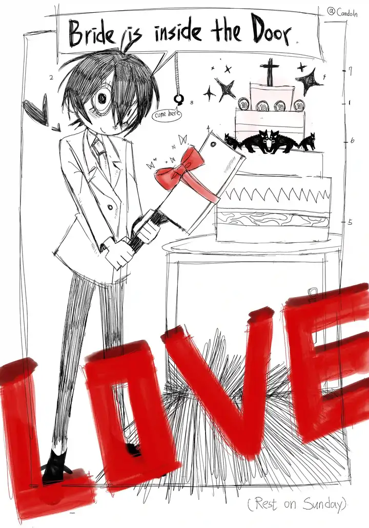 A disturbing sketch of a wide-eyed groom holding a cleaver with a red bow, standing by a wedding cake under text reading 'Bride is inside the Door' and 'LOVE'