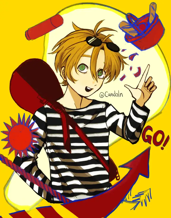 The blond teenager Tovagh, with his racket bag, surrounded by cheerful icons of a sun, a thermos, a picnic basket, and a tree.