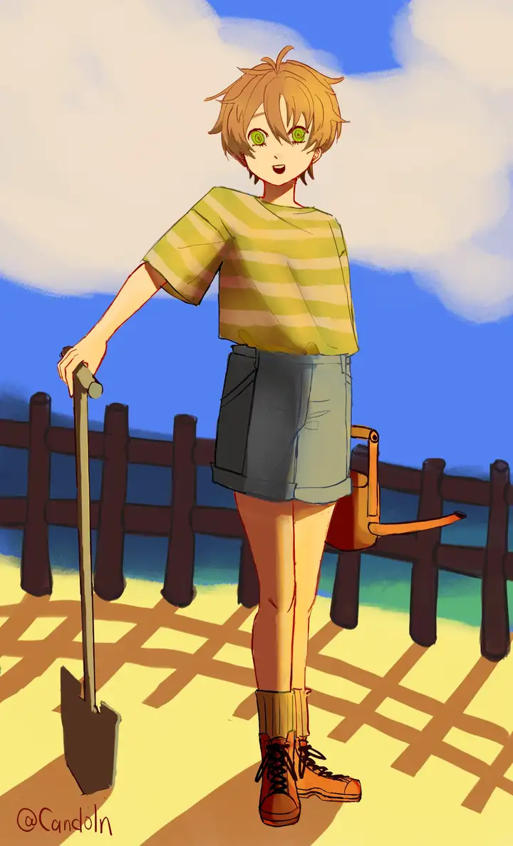 Tovagh, a blond-haired and green-eyed teenager, is going to plant some flowers on the cliffside.