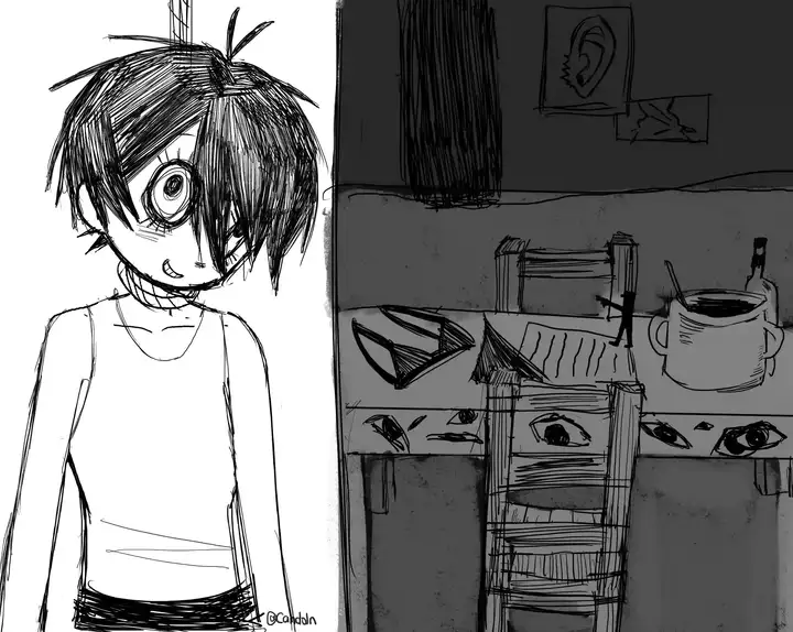 Sacil with manic, smiling eyes and a noose above him; on the right, a dark, messy room where disembodied eyes stare out from the furniture.
